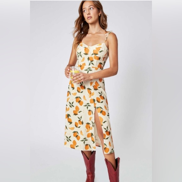 Cider Dresses & Skirts - CIDER Lemon Print Tie Shoulder Slit Midi Dress-Size Med- New w/Tags